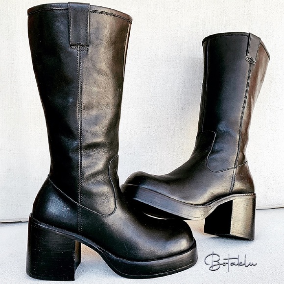 Frye Shoes - FRYE Vintage Y2K Dorian Platform Chunky Heel Tall Black Zippered Boots, Size 9